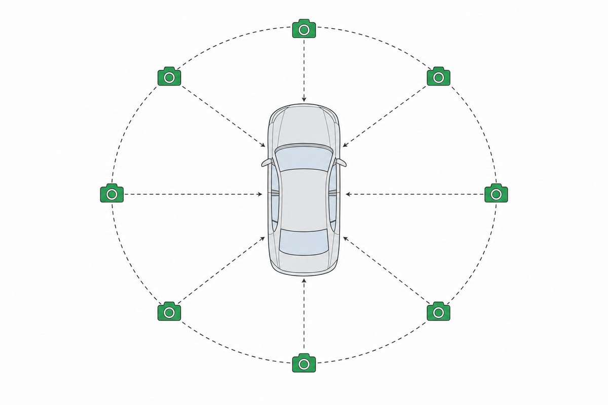 車を真上から見た図と、その周囲8方向に置かれたカメラの位置。前・後ろ・左・右と、四隅からの斜め45度