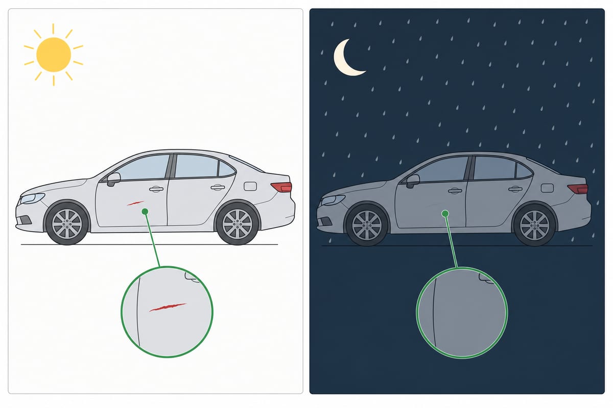 晴れた日中と、夜や雨上がりに撮った同じ車の比較。明るいとドアの傷が見えるが、暗いと同じ傷が見えなくなる