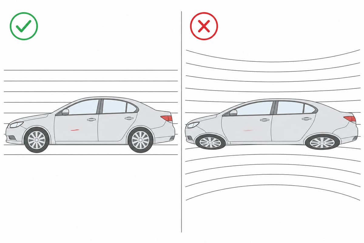 標準カメラで撮った車と、広角モードで撮って背景の線も車体も歪んだ車の比較