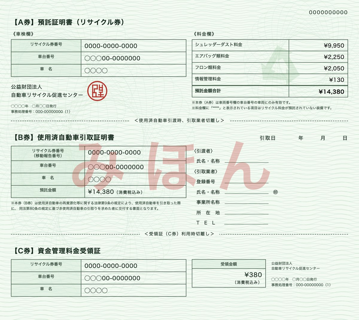 自動車リサイクル券の見本。A券(預託証明書)、B券(使用済自動車引取証明書)、C券(資金管理料金受領証)の3枚構成